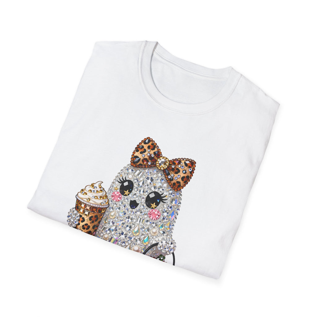 Cute Glitter Halloween Ghost T-Shirt — Leopard Bow, Pumpkin & Pumpkin Spice Coffee Design
