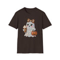 Cute Glitter Halloween Ghost T-Shirt — Leopard Bow, Pumpkin & Pumpkin Spice Coffee Design