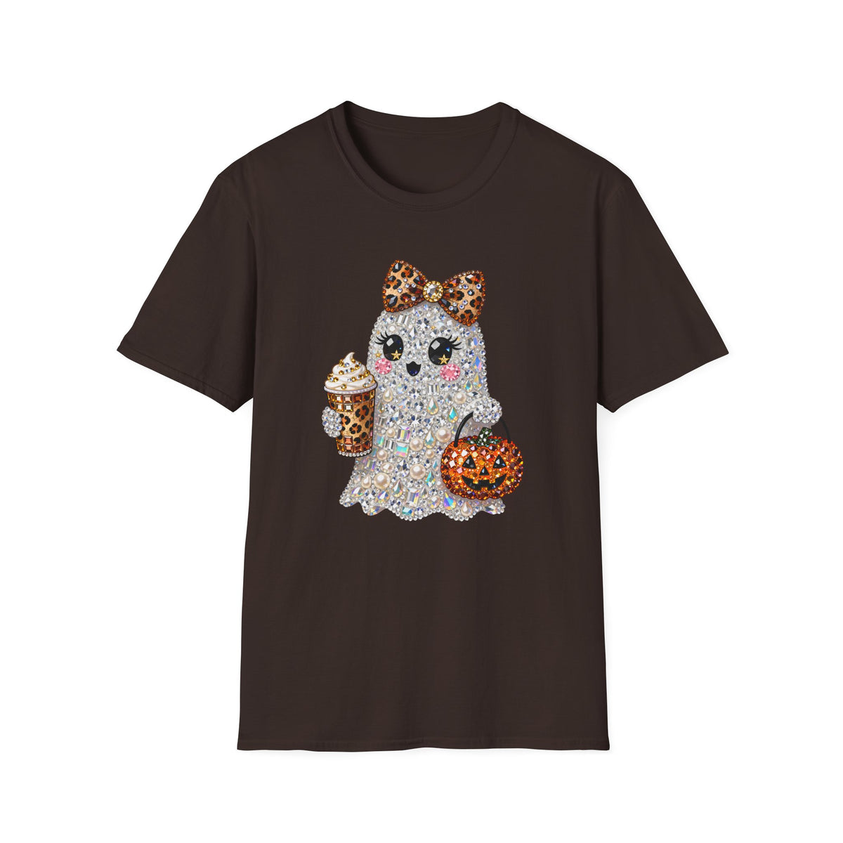 Cute Glitter Halloween Ghost T-Shirt — Leopard Bow, Pumpkin & Pumpkin Spice Coffee Design
