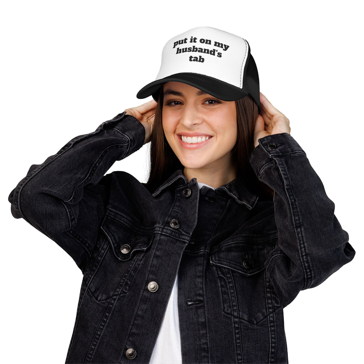 Put It On My Husband’s Tab Embroidered Trucker Hat