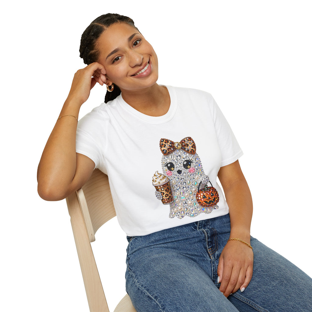 Cute Glitter Halloween Ghost T-Shirt — Leopard Bow, Pumpkin & Pumpkin Spice Coffee Design