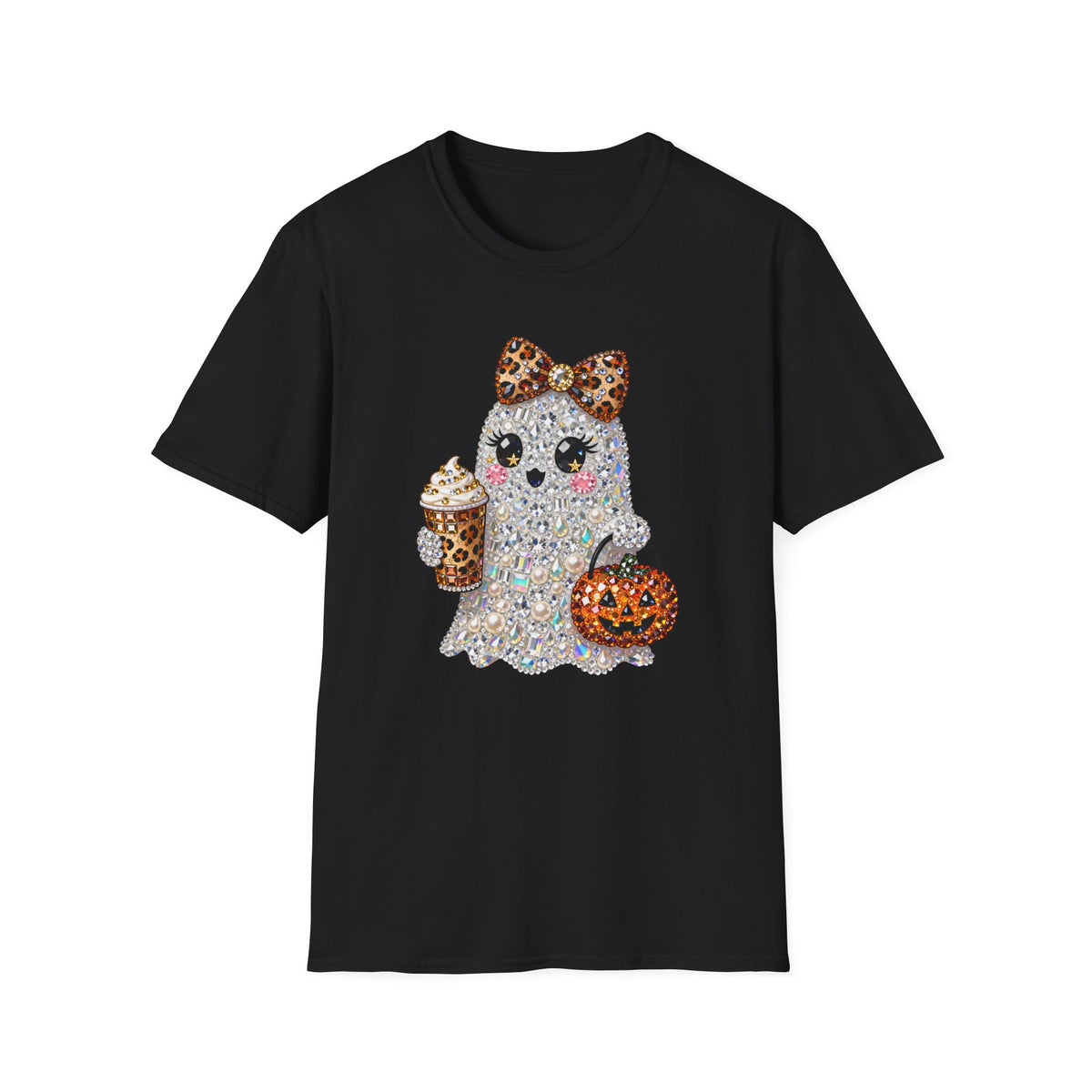 Cute Glitter Halloween Ghost T-Shirt — Leopard Bow, Pumpkin & Pumpkin Spice Coffee Design