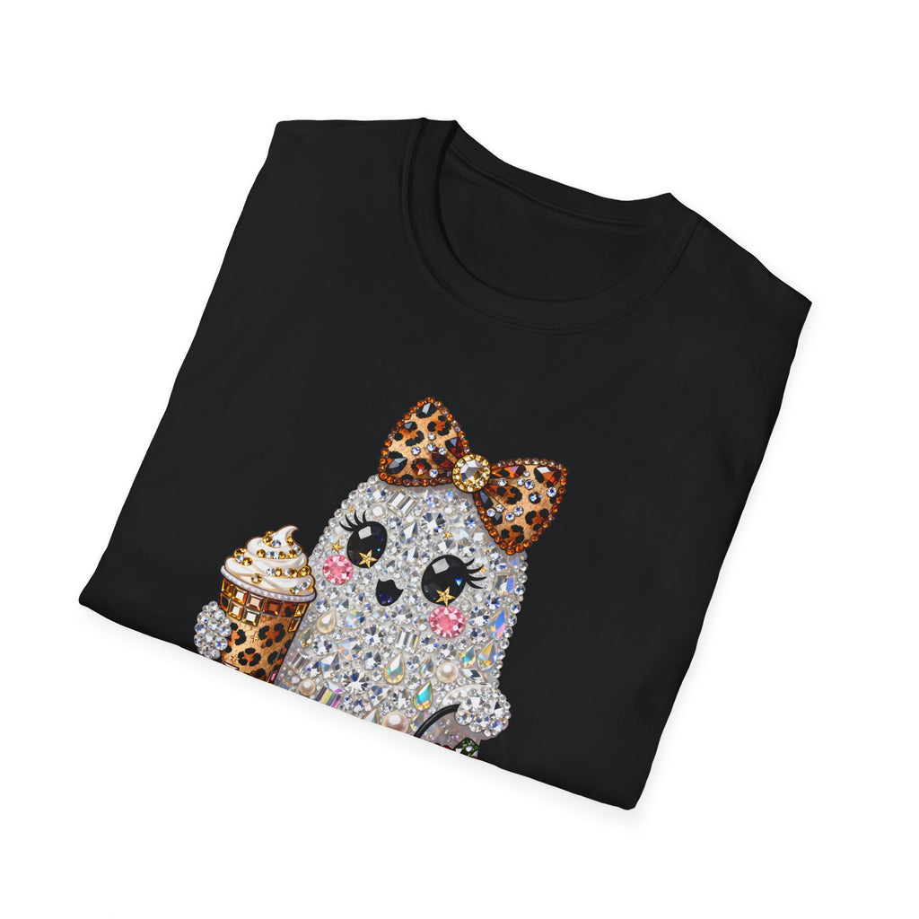 Cute Glitter Halloween Ghost T-Shirt — Leopard Bow, Pumpkin & Pumpkin Spice Coffee Design