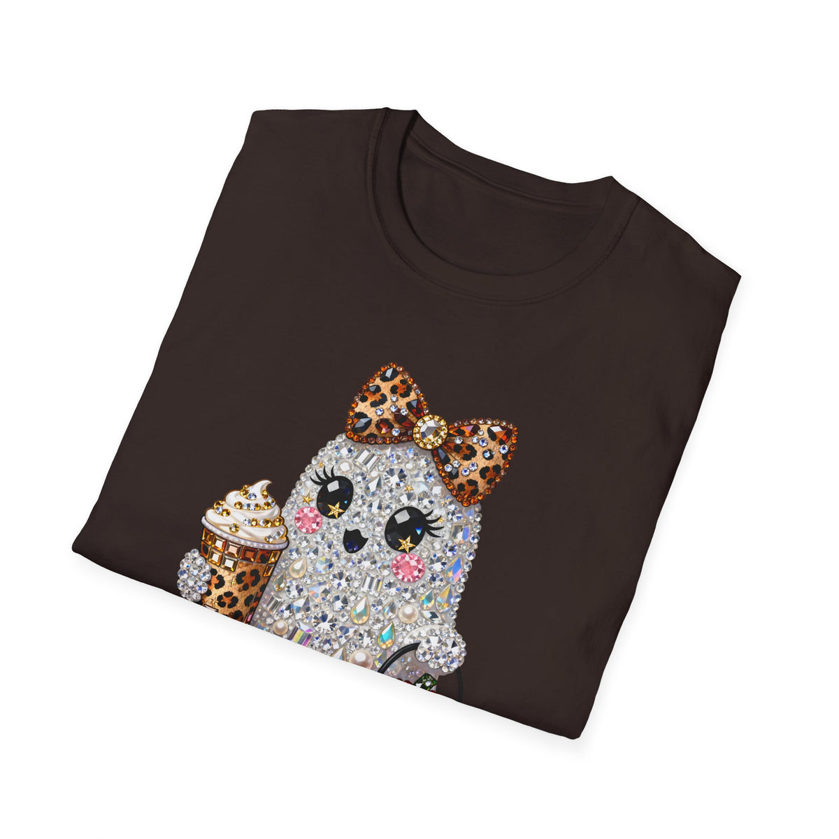 Cute Glitter Halloween Ghost T-Shirt — Leopard Bow, Pumpkin & Pumpkin Spice Coffee Design